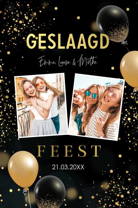 Uitnodiging geslaagd examen foto zwart ballonnen goudfolie