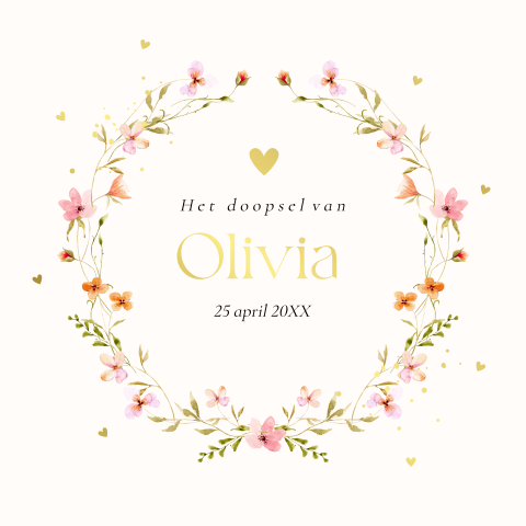 Doopkaart meisje waterverf bloemen krans goudfolie
