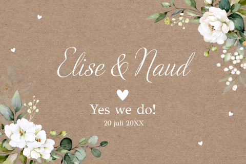 Trouwkaart bruin kraft met witte bloemen