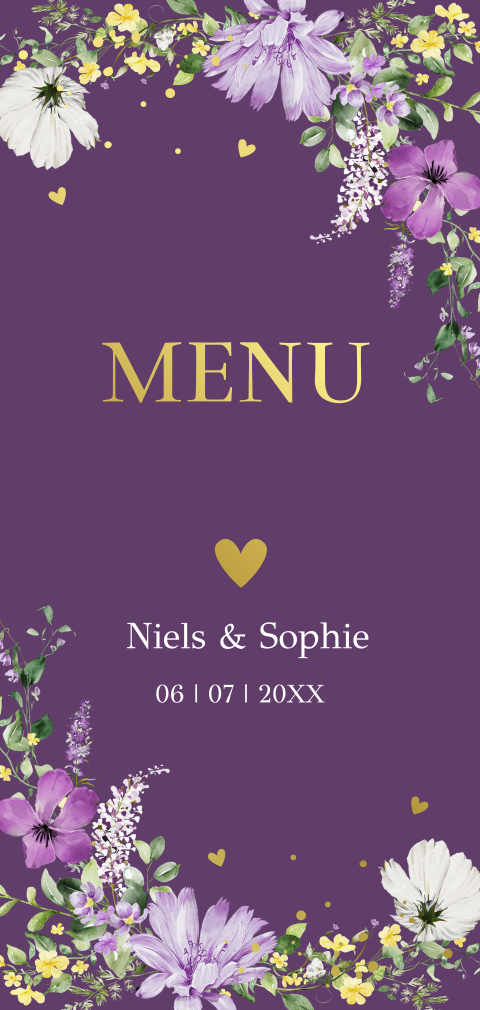 Menukaart langwerpig paars botanisch bladeren goudfolie