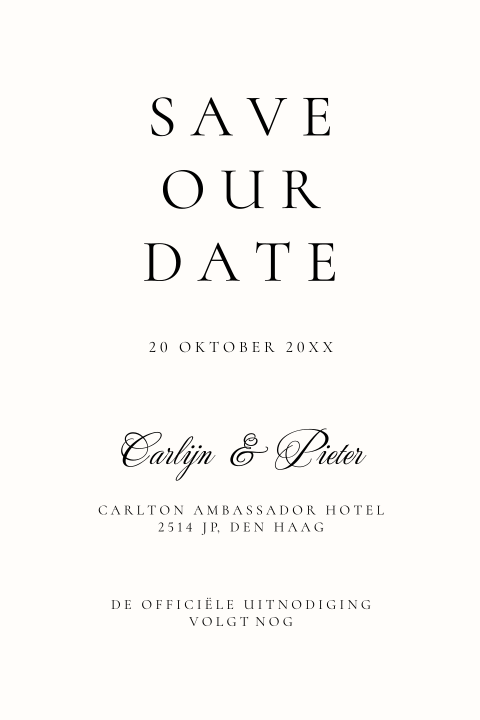 Klassieke Save the Date kaart wit met typografie