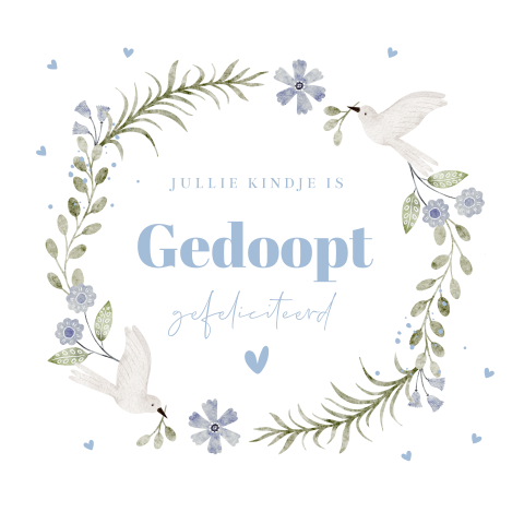 Felicitatie kaart doop jongen bloemenkrans vogels blauw