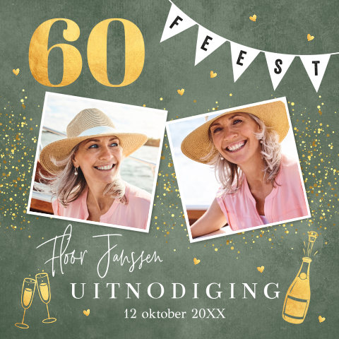 Uitnodiging verjaardag 60 jaar foto groen goud slinger feest