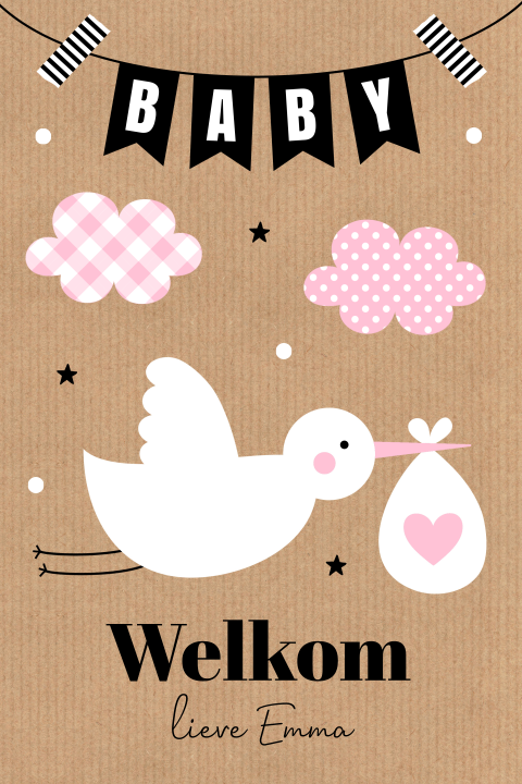 Felicitatie kaart geboorte dochter baby meisje ooievaar wolkjes