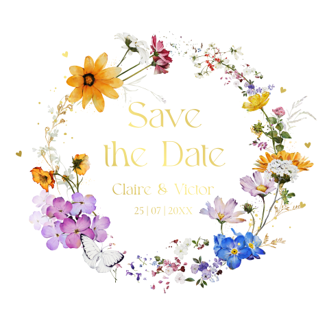 Save the Date kaart rond watercolour gekleurde bloemen goudfolie
