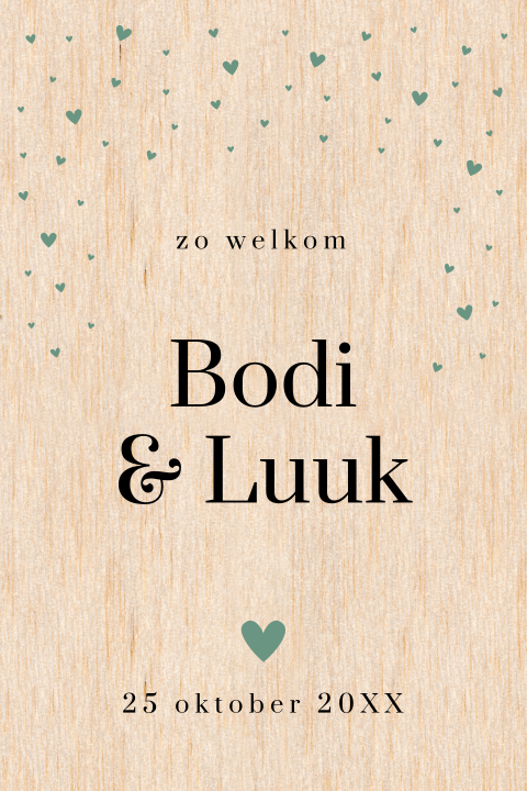 Geboortekaartje tweeling jongens echt hout hartjes