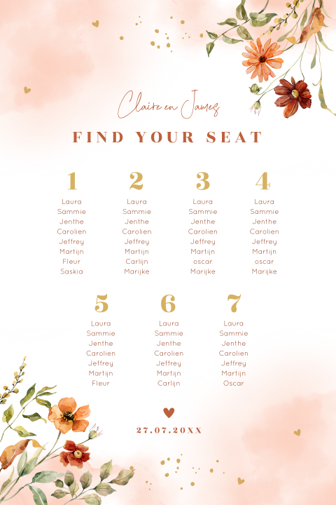 Tafelschikking bord bruiloft peach oranje bloemen