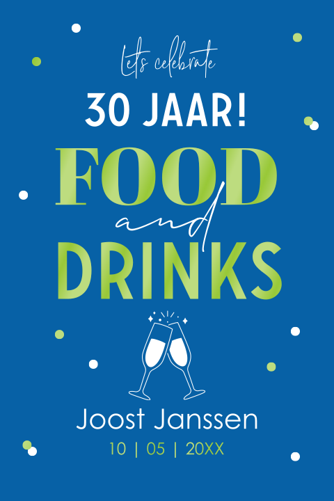 Uitnodiging verjaardag 30 jaar foods and drinks hoogglans blauw