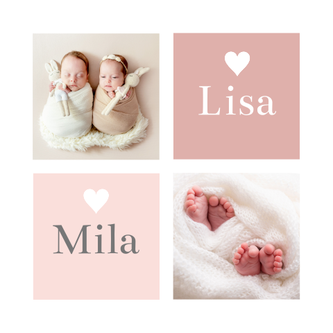 Geboortekaartje tweeling meisjes eigen foto roze
