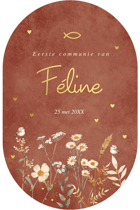 Communiekaart meisje roestbruin ovaal bloemen goudfolie