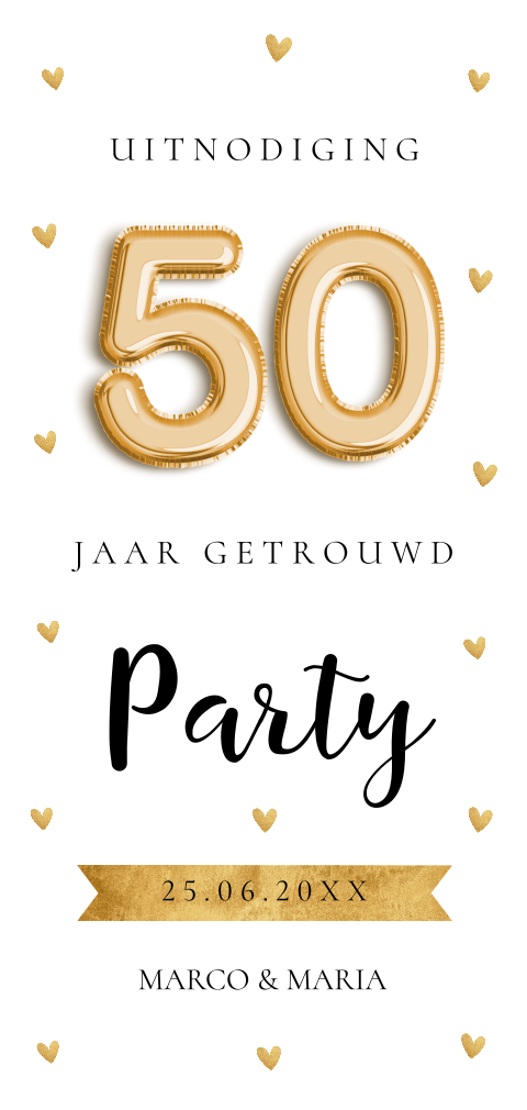 Uitnodiging jubileum huwelijk 50 jaar getrouwd wit goud hartjes