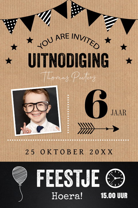 Uitnodiging kinderfeestje jongen kraft slinger foto