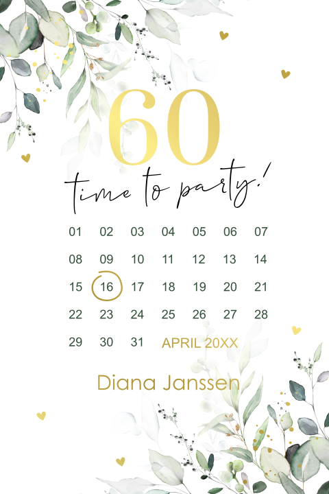 Uitnodiging verjaardag 60 jaar kalender botanisch groen goudfolie