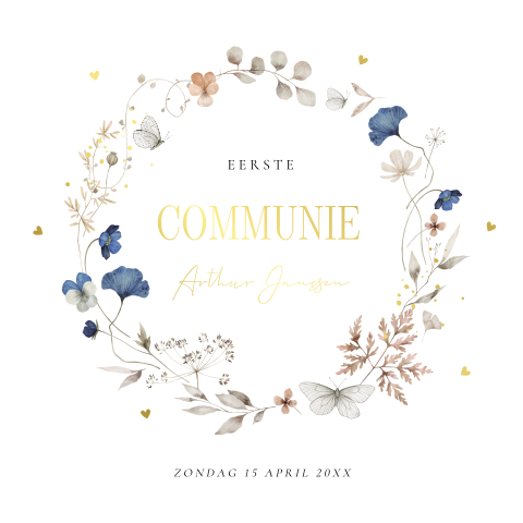 Communiekaart jongen bloemenkrans blauw goudfolie