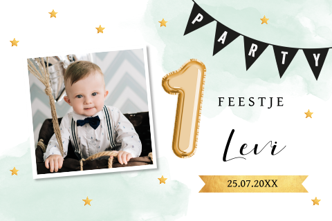 Uitnodiging kinderfeestje 1 jaar jongen met foto waterverf ballon