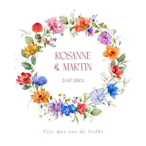 Trouwkaart kleurrijke bloemenkrans