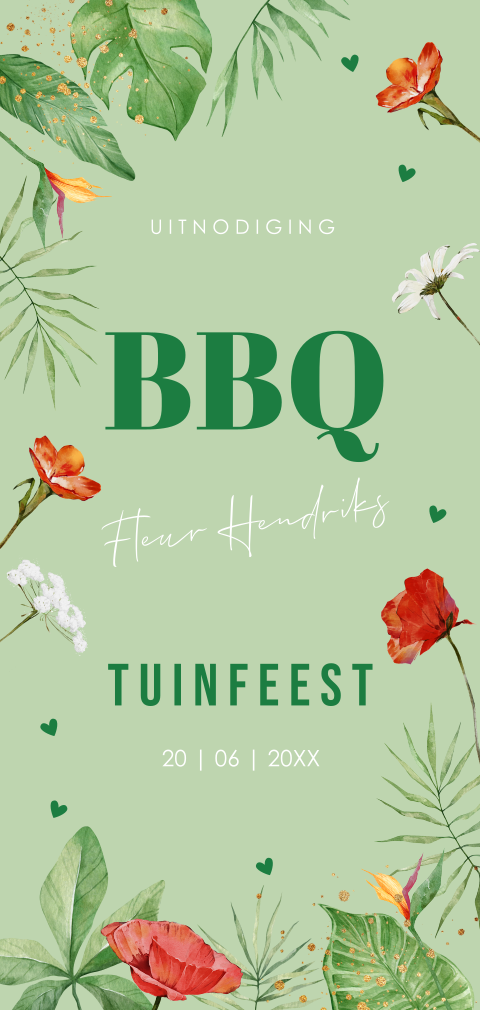 Tuinfeest uitnodiging groen tropisch bladeren bloemen verjaardag BBQ