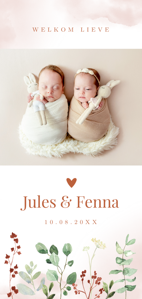 Geboortekaartje tweeling meisjes eigen foto waterverf bloemen