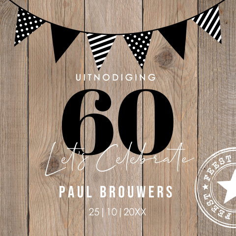 Uitnodiging verjaardag 60 jaar hout bruin slinger zwart wit