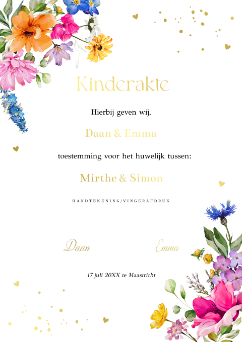 Kinderakte huwelijk fleruige bloemen en goudfolie