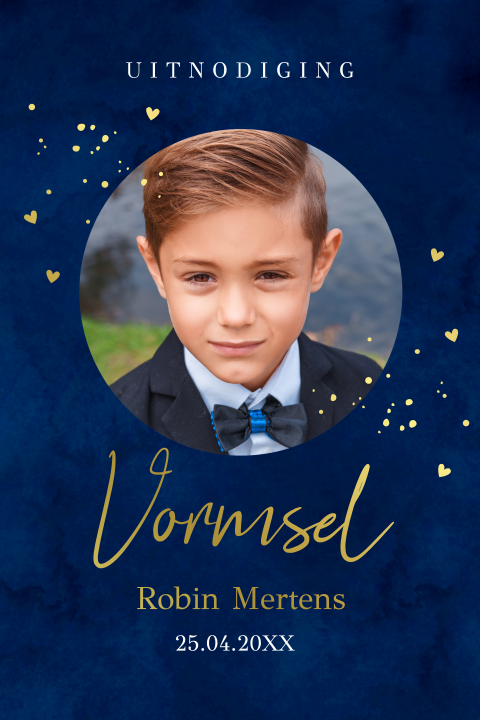 Uitnodiging vormsel foto jongen blauw goudfolie