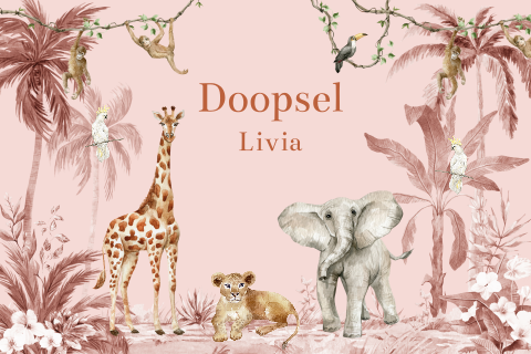 Doopkaart meisje jungle safari dieren roze