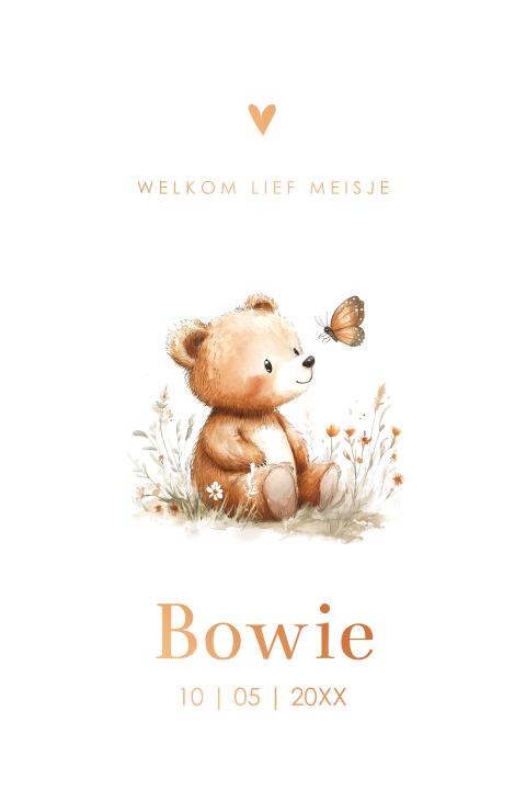 Geboortekaartje met lief beertje boog vorm koperfolie