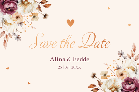 Save the Date kaart bloemen aubergine koperfolie