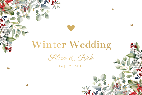 Winter wedding trouwkaart Red Berries Christmas goudfolie