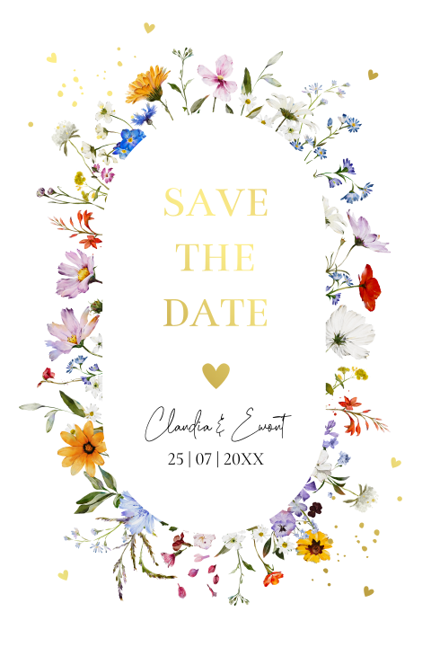 Save the Date kaart zomerse bloemenkrans goudfolie