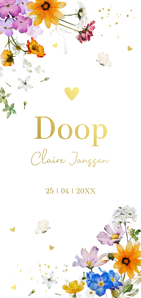 Doop uitnodiging meisje bloemen goudfolie