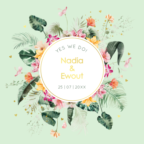 Trouwkaart lichtgroen tropische bloemen goudfolie