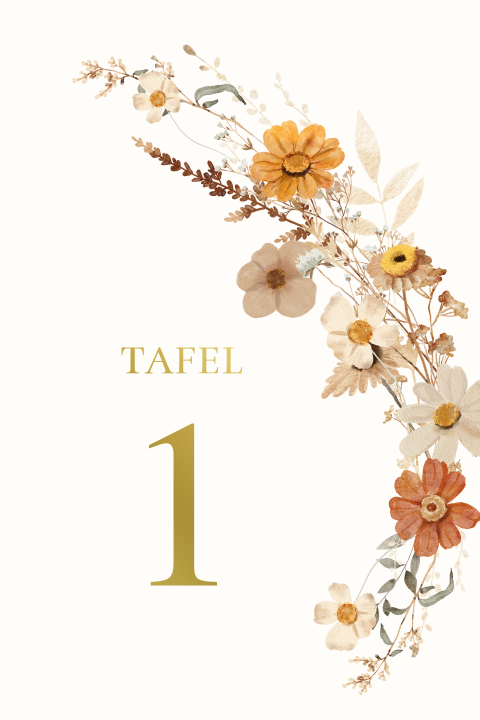 Tafelkaart bloemenboeket goudfolie creme wit