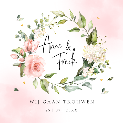 Trouwkaart bloemenkrans roze | Pink Floral