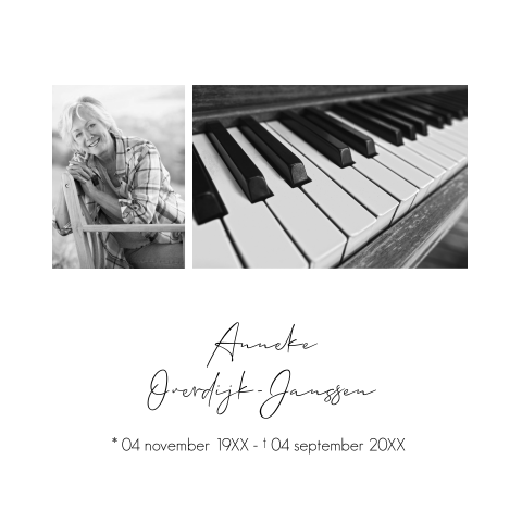 Rouwkaart piano en eigen foto zwart wit