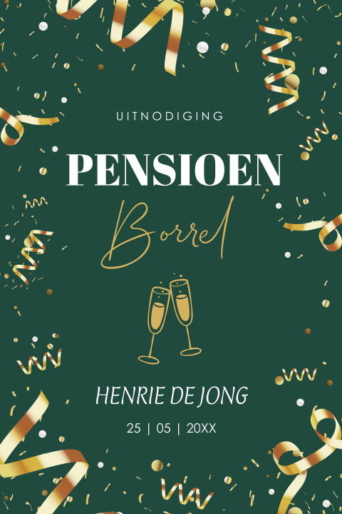 Pensioen uitnodiging borrel man groen goudlook confetti
