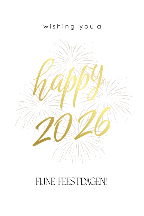 Zakelijke kerstkaart wit Happy 2026 vuurwerk goudfolie