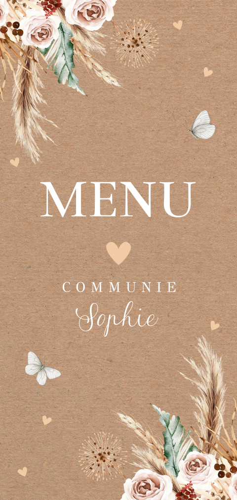Menukaart communie langwerpig bloemen bohemian