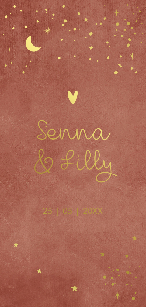 Geboortekaartje tweeling meisjes roestbruin sterren maan goudfolie