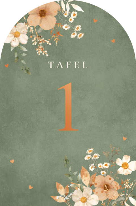 Tafelnummers bruiloft groen bloemen koperfolie boog (95x143mm)