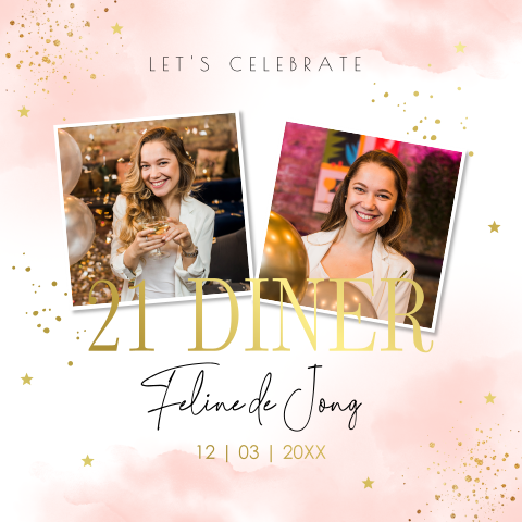 Uitnodiging 21 diner roze watercolor vrouw foto goudfolie