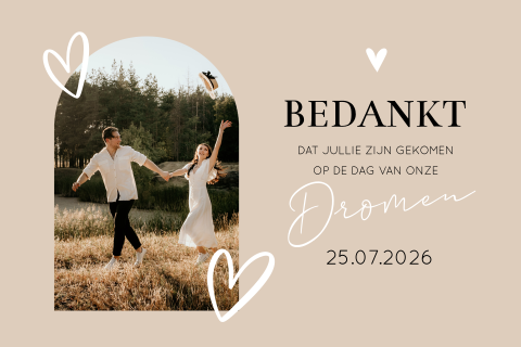 Bedankkaart huwelijk beige foto boog vorm