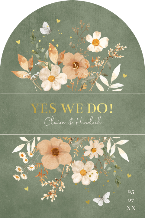 Trouwkaart groen beige bloemen boog goudfolie