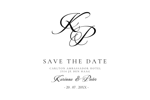 Klassieke Save the Date kaart zwart wit sierlijke initialen