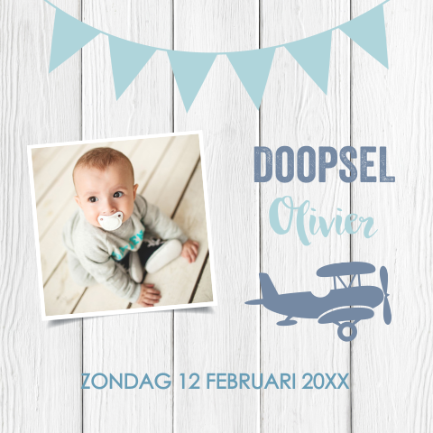 Doopkaart doop uitnodiging jongen blauw wit hout slinger foto