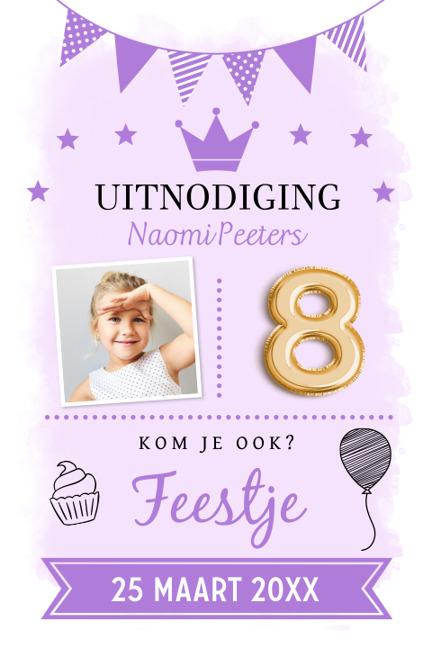 Uitnodiging kinderfeestje meisje paars 8 jaar slinger typografie