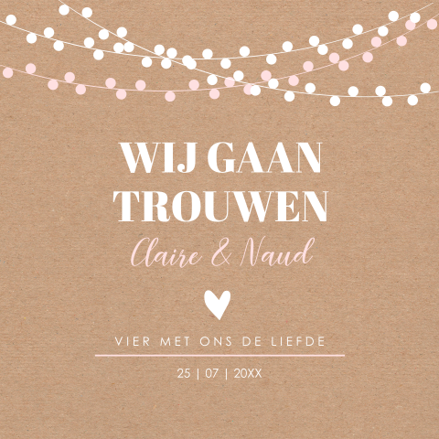 Trouwkaart bruin kraftlook slinger lampjes
