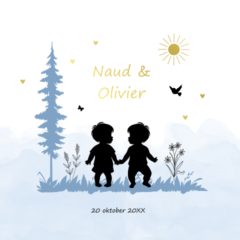 Geboortekaartje tweeling jongens silhouet blauw waterverf goudfolie