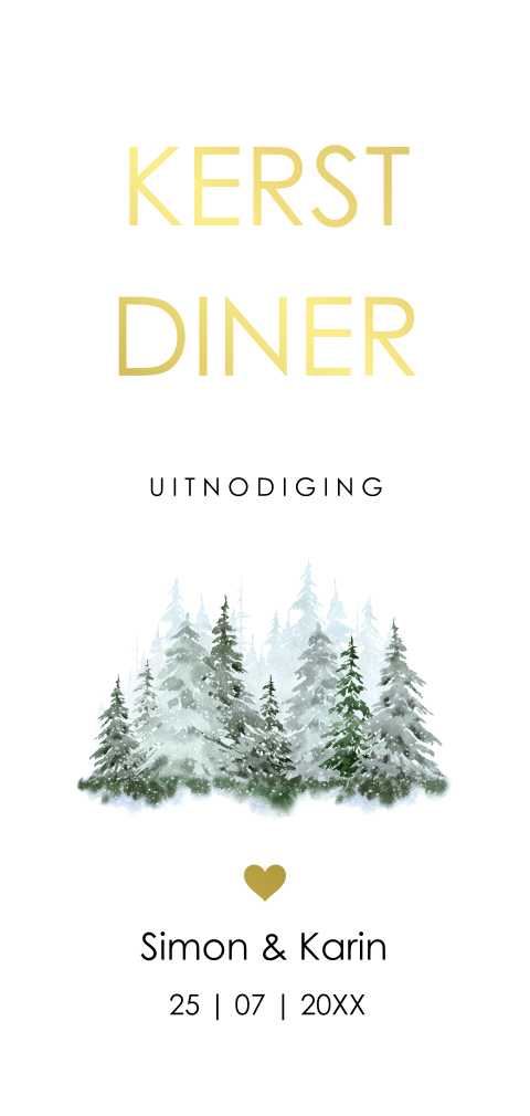 Kerstdiner uitnodiging winterlandschap bomen goudfolie