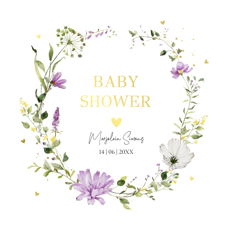 Babyshower uitnodiging bloemenkrans goudfolie
